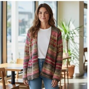 Chaps Denim Cardigan Sweater Women's Medium Geometric Stripe Open Front‎